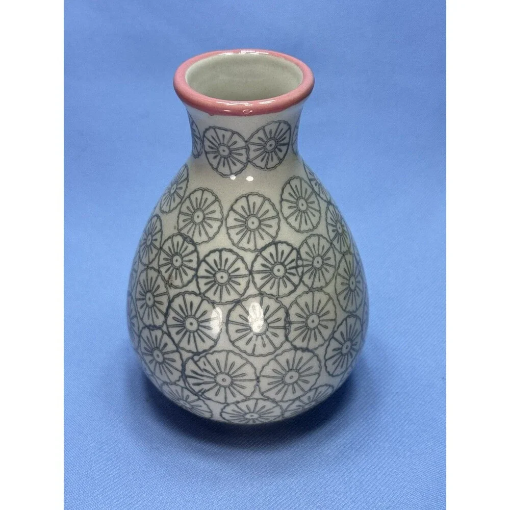 Bloomingville Mini Ceramic Vase 5” x 3”. Off White Bud vase W/Blue Flowers